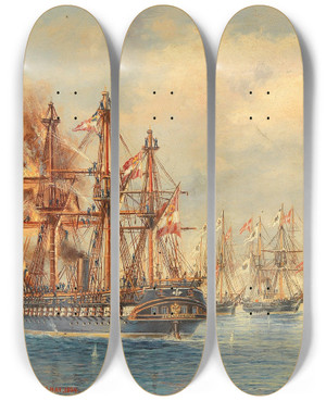 Triptych art skateboard deck of Ludwig Rubelli Von Sturmfest Battle Of Helgoland by Ludwig Rubelli Von Sturmfest (1841-1905)