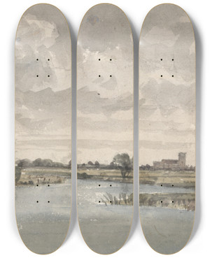 Triptych art skateboard deck of Aaron Edwin Penley River Landscape by Aaron Edwin Penley (1806-1870)