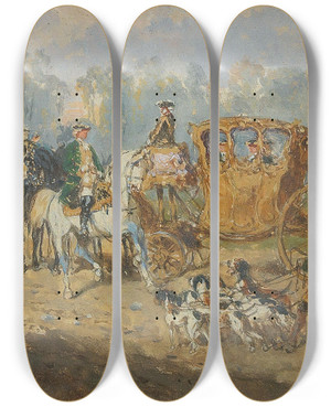 Triptych art skateboard deck of Alexander Von Bensa The Hunting Party by Alexander Von Bensa (1820-1902)