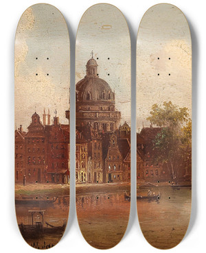 Triptych art skateboard deck of Johann Wilhelm Jankowsky Koepelkerk In Amsterdam by Johann Wilhelm Jankowsky (1825-1870)