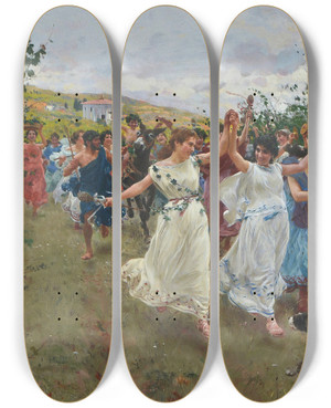 Triptych art skateboard deck of Raffaello Sorbi Bacchanal_2 by Raffaello Sorbi (1844-1931)