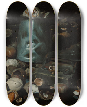Triptych art skateboard deck of Joseph Decker Still Life With Tin Can Andnuts by Joseph Decker (1853-1924)