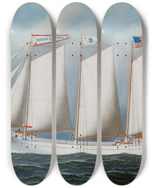 Triptych art skateboard deck of Antonio Jacobsen Three Masted Schooner Andrew C Pierce by Antonio Jacobsen (1850-1921)