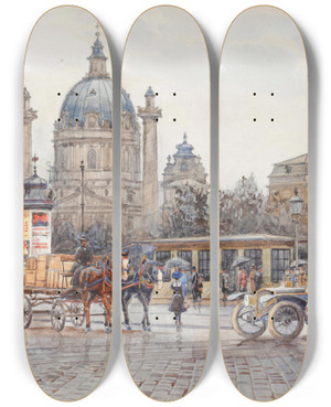 Triptych art skateboard deck of Erwin Pendl Karlsplatz In Wien by Erwin Pendl (1875-1945)
