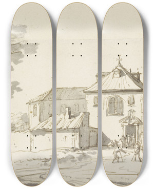 Triptych art skateboard deck of Hendrik Verschuring Vor Einem Kloster Hlt Ein Vierspnniger Wagen by Hendrik Verschuring (1627-1690)