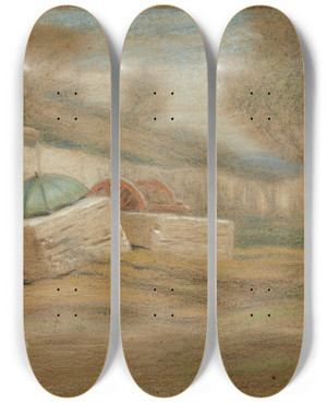 Triptych art skateboard deck of Elihu Vedder Roadside Figure And Umbrella by Elihu Vedder (1836-1923)
