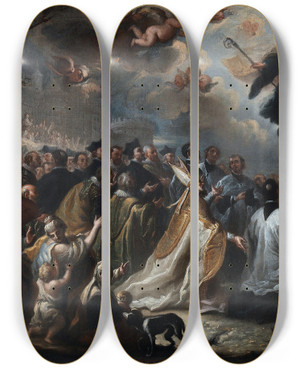Triptych art skateboard deck of Miguel Jacinto Menndez St Augustine Appears And Puts An End To The Plague Of The Locusts by Miguel Jacinto Menendez (1679-1731)