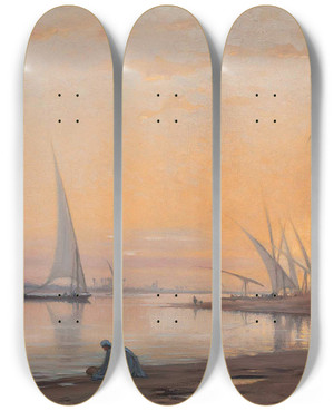 Triptych art skateboard deck of Auguste Louis Veillon Arabs On Banks Of The Nile by Auguste Louis Veillon (1834-1890)