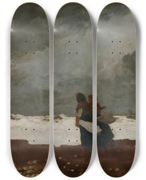 Triptych art skateboard deck of Winslow Homer Two Figures By The Sea by Winslow Homer (1836-1910)