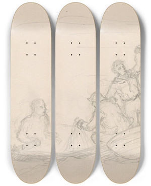Triptych art skateboard deck of Hans Gude Figures In Boat by Hans Gude (1825-1903)