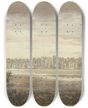 Triptych art skateboard deck of Jacob Van Liender Landschaft Im Hintergrunde Ein Langes Wldchen Vorne Felder Mit Einigen Fruchtgarben by Jacob Van Liender (1696-1759)