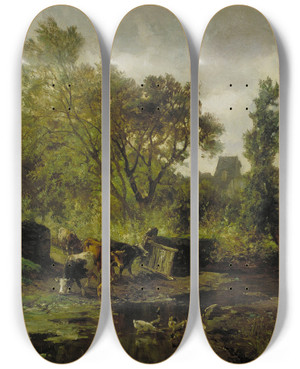 Triptych art skateboard deck of Carlos De Haes Flemish Landscape by Carlos de Haes (1826-1898)