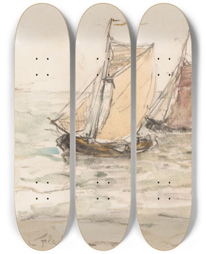 Triptych art skateboard deck of Carel Nicolaas Storm Van Sgravesande Zeilende Vissersschepen Op De Schelde_1 by Carel Nicolaas Storm van 's-Gravesande (1841-1924)