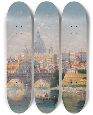 Triptych art skateboard deck of Karl Kaufmann Rome View Of The Castel Santangelo by Karl Kaufmann (1843-1905)