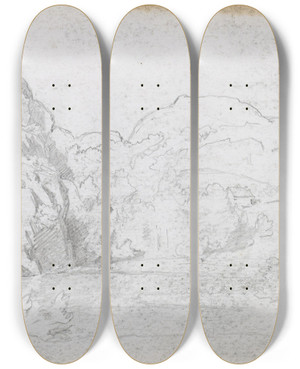 Triptych art skateboard deck of Hans Gude Landskap by Hans Gude (1825-1903)