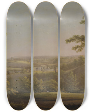 Triptych art skateboard deck of George Cuitt Easby Hall And Easby Abbey With Richmond Yorkshire In The Background by George Cuitt