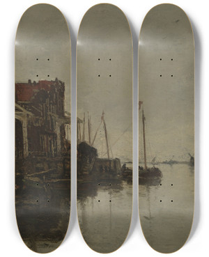 Triptych art skateboard deck of Jacob Maris Harborscene by Jacob Maris (1837-1899)