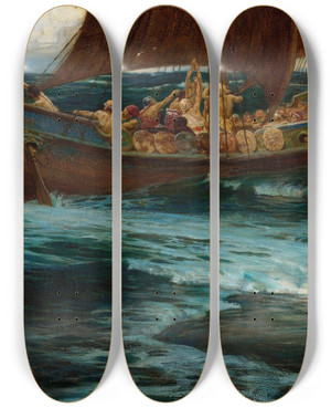 Triptych art skateboard deck of Herbert James Draper The Wrath Of The Sea God by Herbert James Draper (1864-1920)