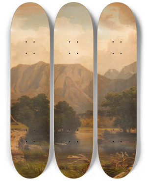 Triptych art skateboard deck of Heinrich Funk Mountain Lake With Herons by Heinrich Funk (1807-1877)