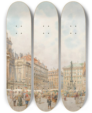 Triptych art skateboard deck of Erwin Pendl Am Hof Square With Market Stalls And Staffage by Erwin Pendl (1875-1945)