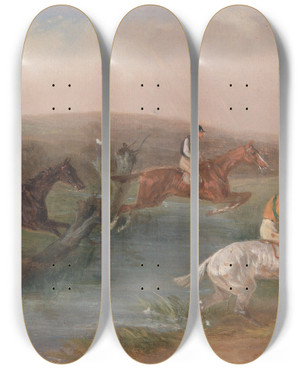 Triptych art skateboard deck of William Shayer Steeplechasing The Hurdle by William Shayer (1787-1879)