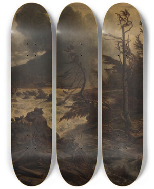Triptych art skateboard deck of Albert Zimmermann Gewittersturm Im Hochgebirge by Albert Zimmermann (1808-1888)