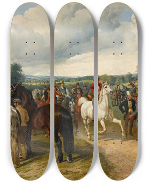 Triptych art skateboard deck of John Frederick Herring Snr A Horse Fair On Southborough Common_2 by John Frederick Herring Snr (1795-1865)