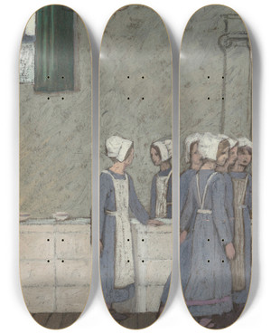 Triptych art skateboard deck of Frederick Cayley Robinson Sketch For The Orphans by Frederick Cayley Robinson (1862-1927)