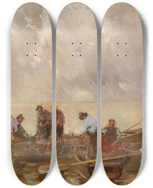 Triptych art skateboard deck of Joseph Wopfner Chiemseefischer_1 by Joseph Wopfner (1843-1927)