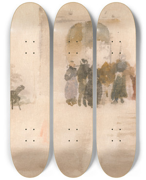 Triptych art skateboard deck of James Abbott Mcneill Whistler Figures Outside A Doorway by James Abbott Mcneill Whistler (1834-1903)