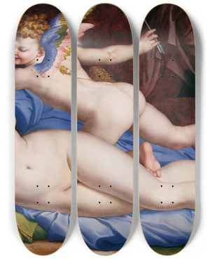 Triptych art skateboard deck of Agnolo Bronzino Venus Cupid And Satyr by Agnolo Bronzino (1503-1572)