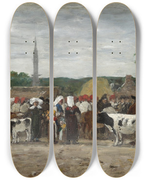 Triptych art skateboard deck of Eugne Boudin Fair In Brittany by Eugene Boudin (1824-1898)
