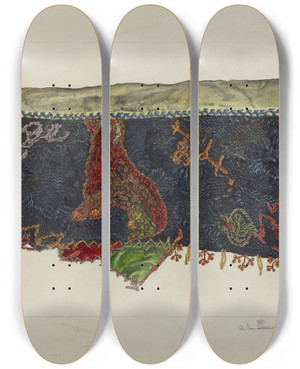 Triptych art skateboard deck of Florence Truelson Quilt Section Patchwork by Florence Truelson