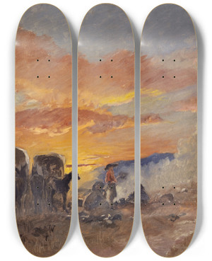 Triptych art skateboard deck of Frank Buchser Campfire At Sunrise In The Laramie Plains by Frank Buchser (1828-1890)