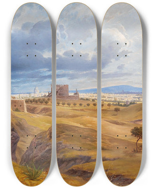 Triptych art skateboard deck of Josef Langl Rome As Seen From The Via Appia by Josef Langl (1843-1916)