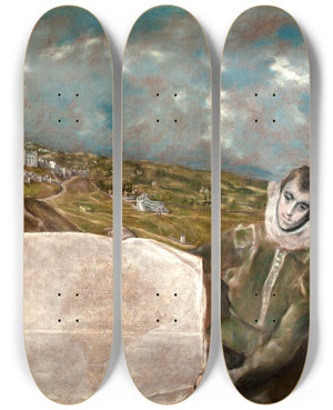 Triptych art skateboard deck of El Greco Domenikos Theotokopoulos View And Plan Of Toledo by El Greco Domenikos Theotokopoulos (1540-1614) Triptych art skateboard deck of El Greco Domenikos Theotokopoulos View And Plan Of Toledo by El Greco Domenikos Theotokopoulos (1540-1614)