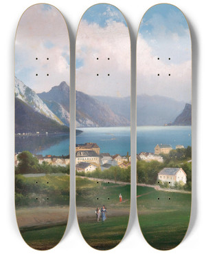 Triptych art skateboard deck of Ferdinand Lepie A View Of Gmunden On Lake Traunsee by Ferdinand Lepie (1824-1883)