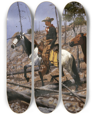 Triptych art skateboard deck of Frederic Remington Prospecting For Cattle Range by Frederic Remington (1861-1909)