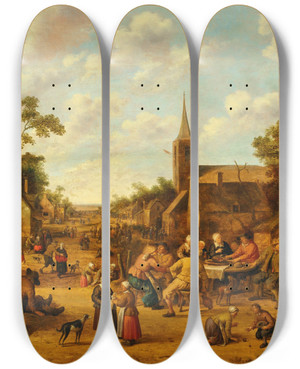 Triptych art skateboard deck of Joost Cornelisz Droochsloot A Village Scene With Peasants Feasting And Conversing by Joost Cornelisz Droochsloot (1586-1666)