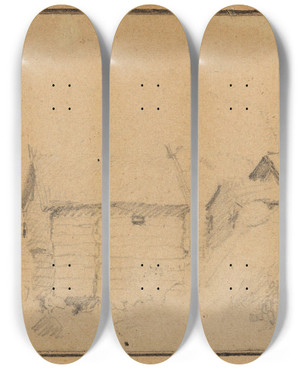 Triptych art skateboard deck of Gustav Wentzel Farm Yard Gol In Hallingdal_2 by Gustav Wentzel (1859-1927)