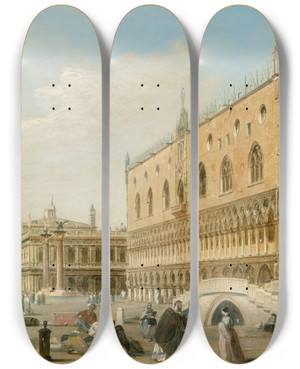 Triptych art skateboard deck of Edward Pritchett The Doges Palace The Piazzetta And The Biblioteca With Sta Maria Della Salute Beyond Venice by Edward Pritchett (1828-1864)
