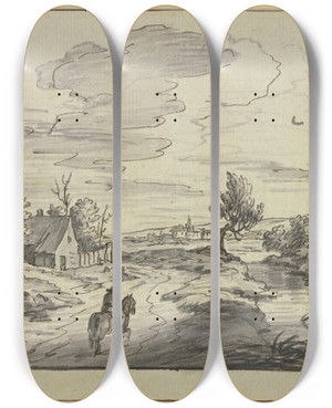 Triptych art skateboard deck of Hieronymus Lapis Dorf An Einem Bach Auf Dem Weg Ein Reiter by Hieronymus Lapis