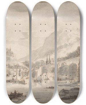 Triptych art skateboard deck of Abraham Rademaker Town By A Large Body Of Water by Abraham Rademaker (1675-1735)