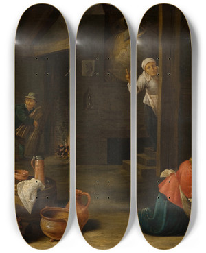 Triptych art skateboard deck of Cornelis Mahu Unpleasant Surprise Mismatched Couple by Cornelis Mahu (1613-1689)