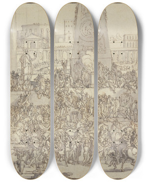 Triptych art skateboard deck of Sbastien Leclerc Der Einzug Alexanders In Babylon by Sebastien Leclerc (1637-1714)