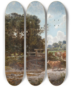 Triptych art skateboard deck of Jzef Szermentowski Cattle On The Pasture by Jozef Szermentowski (1833-1876)