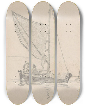 Triptych art skateboard deck of Hans Gude Seilbt Med Figurer Ved Brygge by Hans Gude (1825-1903)