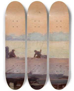 Triptych art skateboard deck of Charles Courtney Curran Fishermen On The Dock by Charles Courtney Curran (1861-1942)