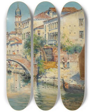 Triptych art skateboard deck of Antonio Mara De Reyna Manescau Venice_1 by Antonio Maria De Reyna Manescau (1859-1937)