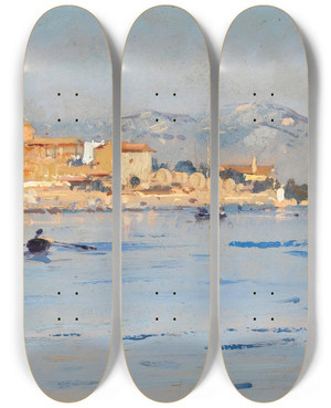 Triptych art skateboard deck of Fausto Zonaro The Aegean Coast_1 by Fausto Zonaro (1854-1929)